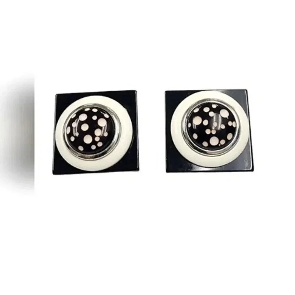 Vintage Square Acrylic Round Polka Dot Clip-On Earrings Black and White
